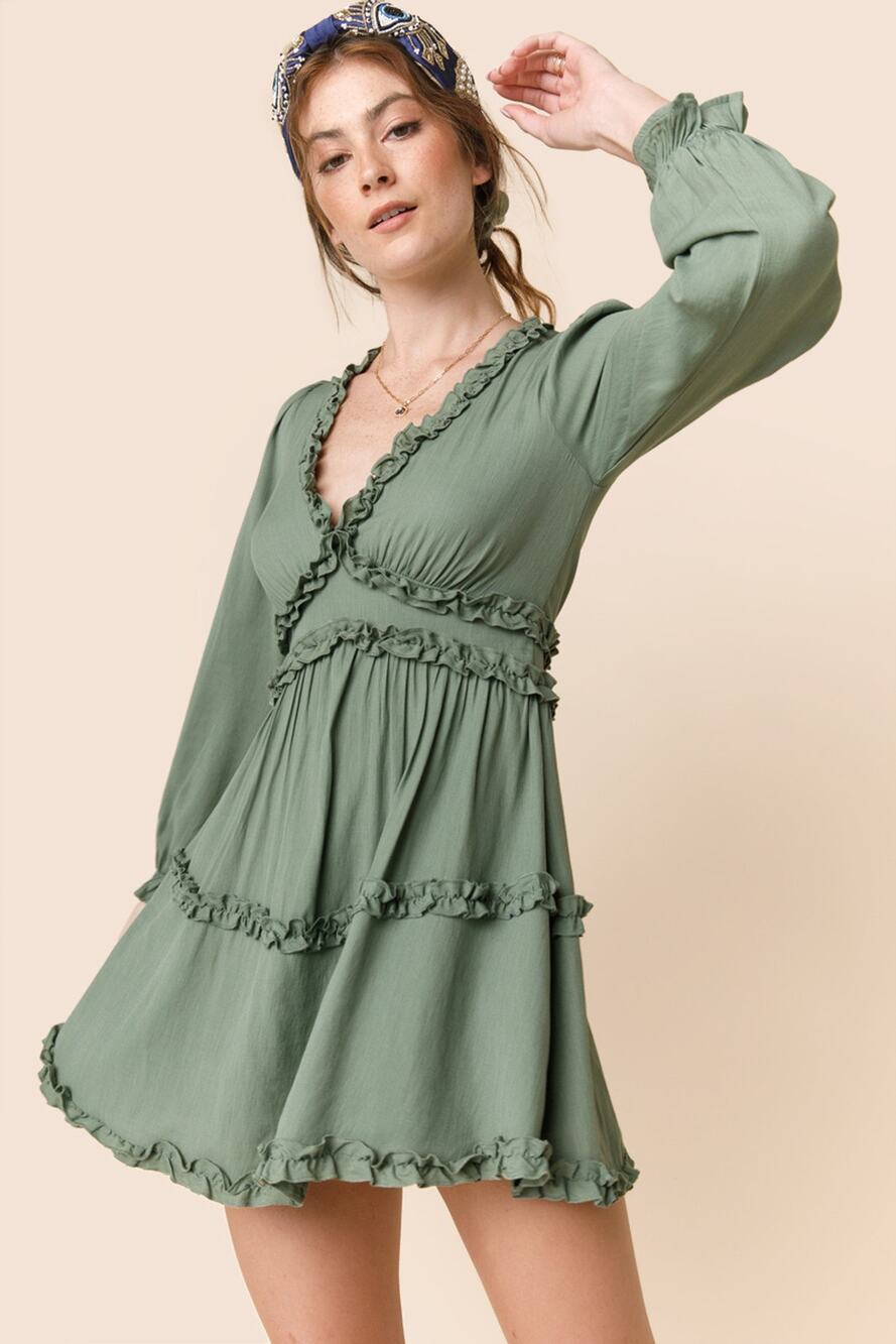 SHEIN Casual Vcay Frill Trim Flare Sleeve Ruffle Hem Dress Army Green Large Boho